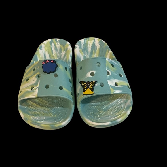 CROCS Kids Slide Sandals with Butterfly and Paw Charms - Green and Yellow - Picture 1 of 6